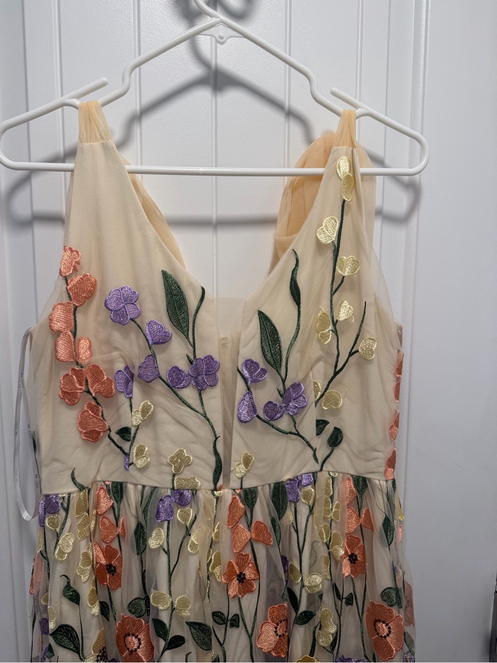 Just Me Beige Midi Dress with Purple, Peach & Gold Floral Embroidery